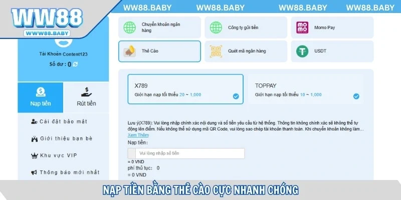 Nạp tiền bằng thẻ cào cực nhanh chóng